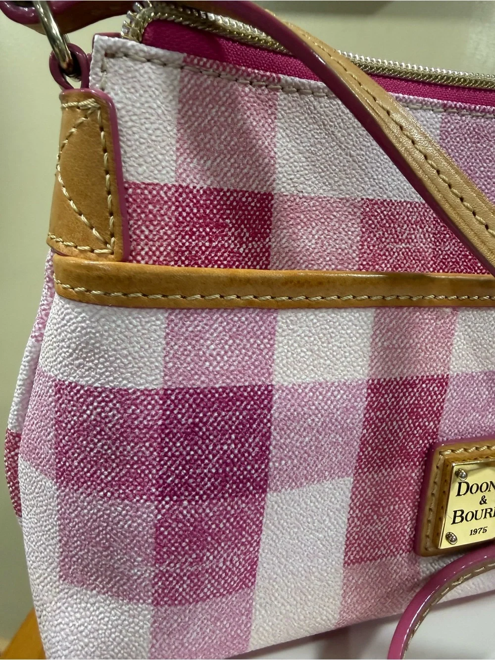 Dooney & Bourke Pink and White Gingham Crossbody with Tan Trim